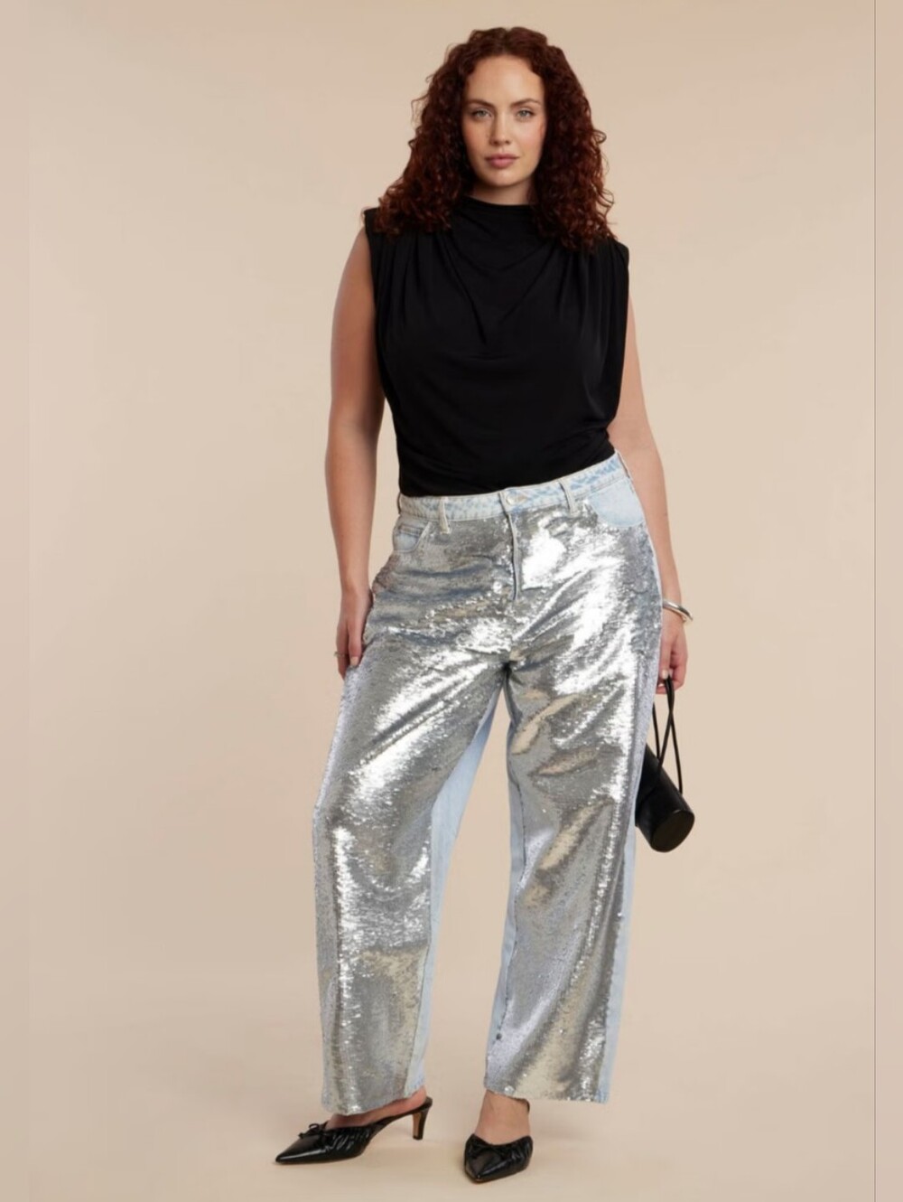 ELOQUII Sequin Front Jeans Light Wash Boyfriend Jeans Silver Size 16